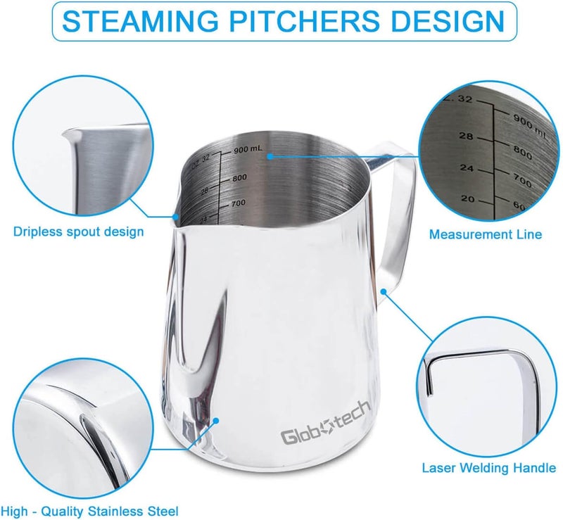 GLOBOTECH 32 Oz Milk Frothing Pitcher - 900ml Milk Frother Cup, Milk Steamer Cup, Stainless Steel Espresso Steaming Pitchers, Latte Art Cups, Milk Pitcher for Espresso Machine - Image 3
